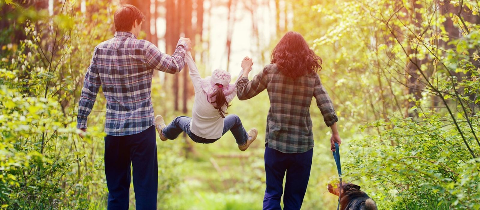 Waldspaziergang: Mann, Kind, Frau, Hund 